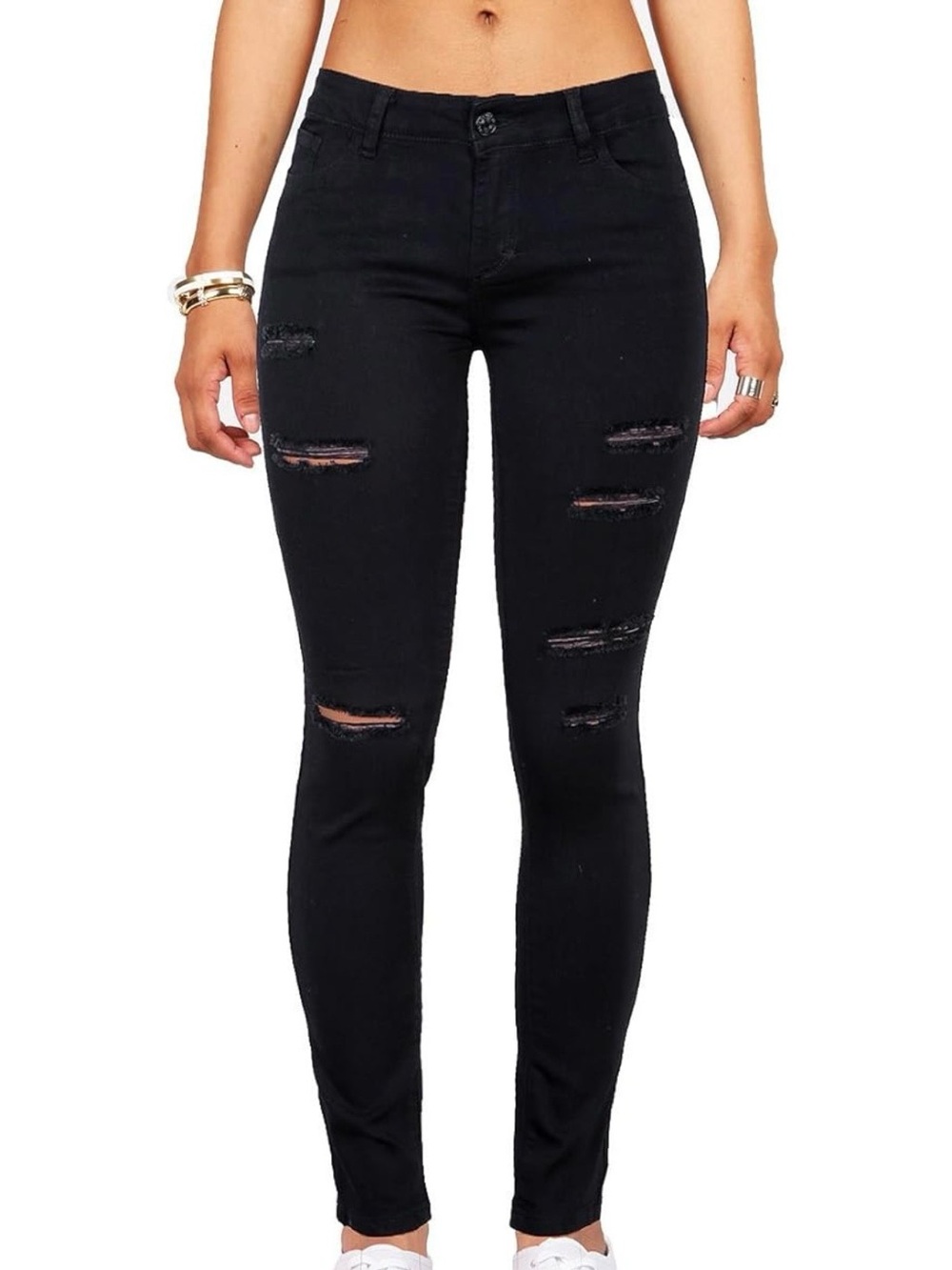 Wax Women’s Juniors Mid-Rise Skinny Jegging Jeans w Distressing